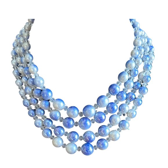 Mid-Century Vintage Four Strand Blue and White 17" Necklace Stamped Japan - Picture 6 of 7